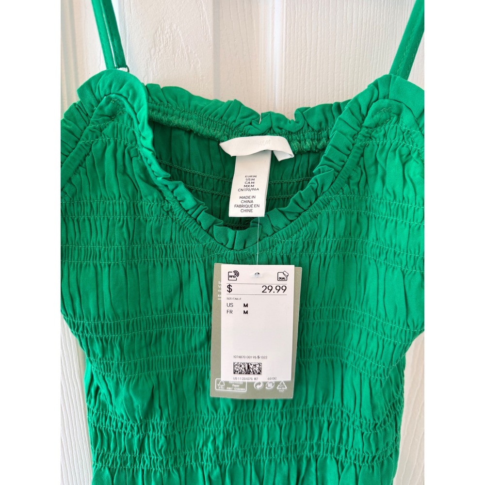 H&M Smocked Green Midi Dress NWT Ruched Bodycon Vacation Dress Medi - Picture 3 of 6
